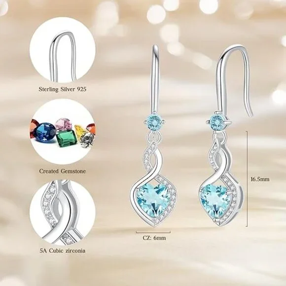 Heart Infinity Dangle Drop Silver Heart Gemstone Earrings Mar.-Aquamarine